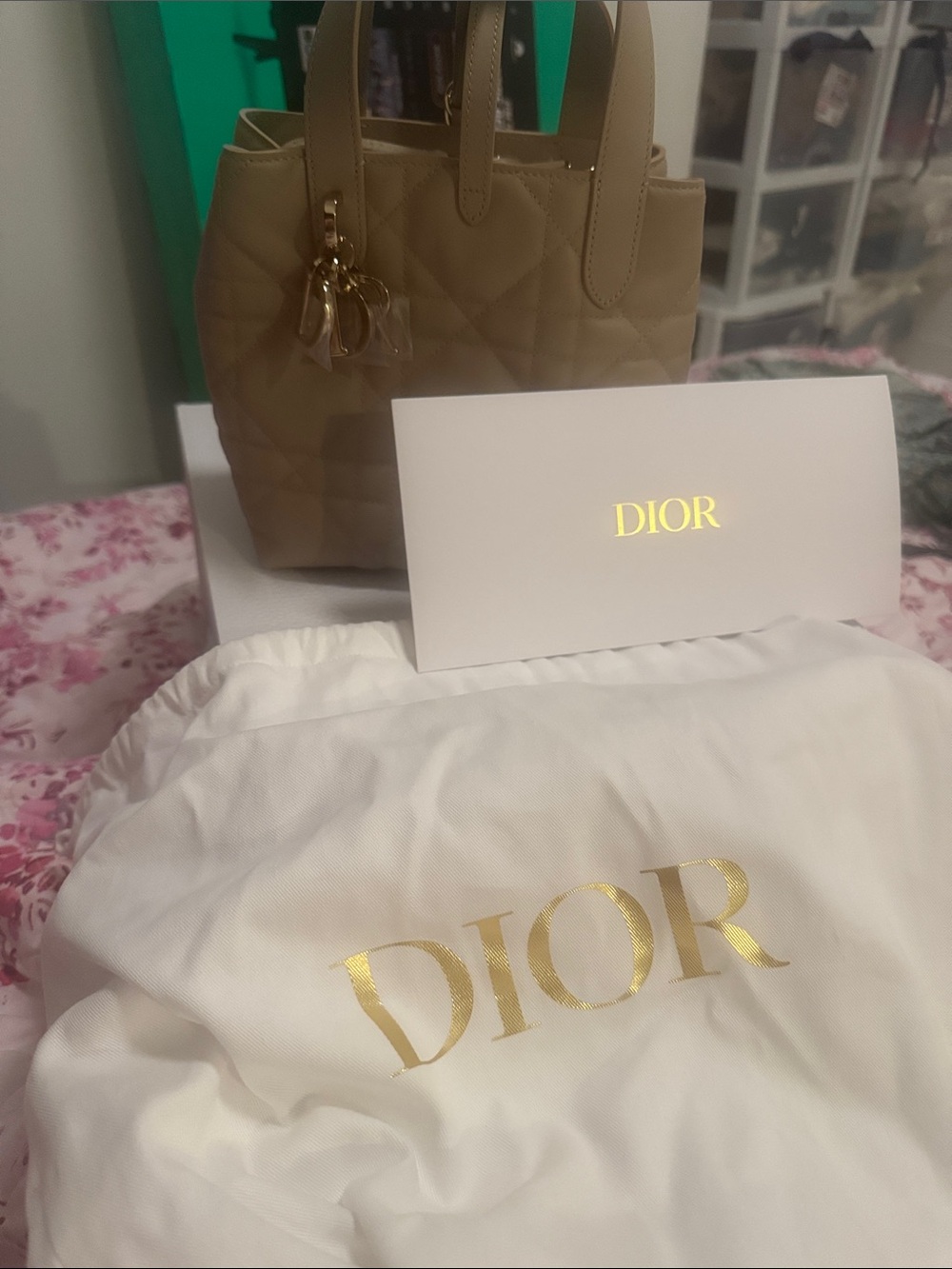 Dior Beige Quilted Mini Lady Tote with Gold Charm